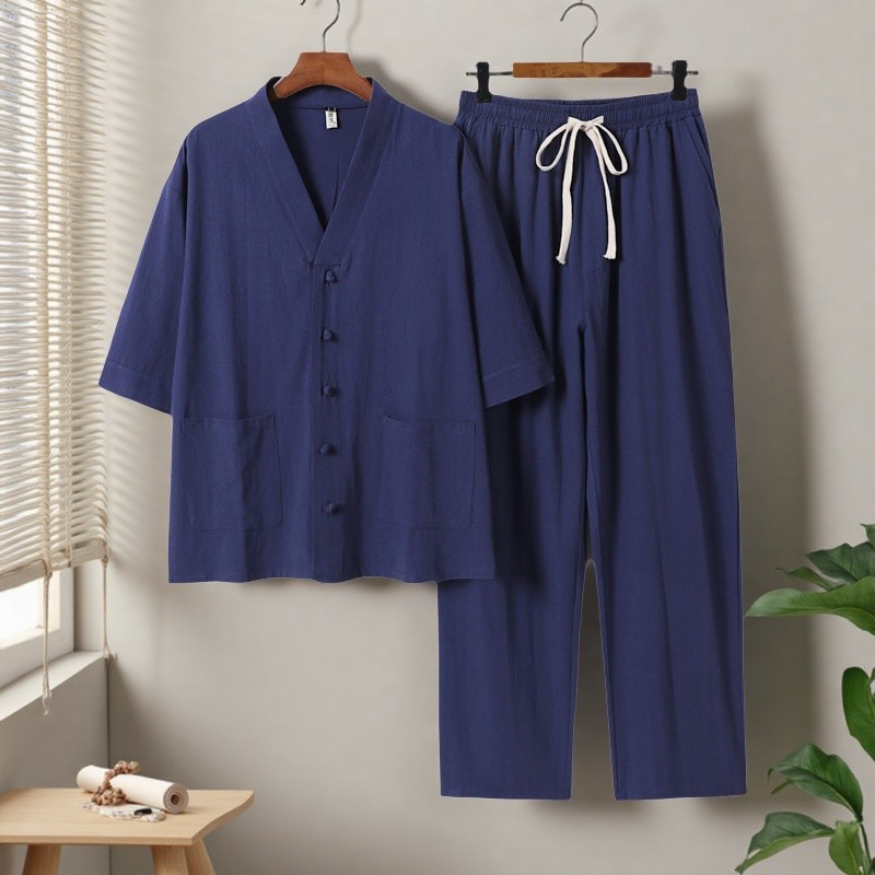 Novo terno de linho chinês masculino verão meditação Layman roupas Plus Size roupas gordas pijamas masculinos algodão li