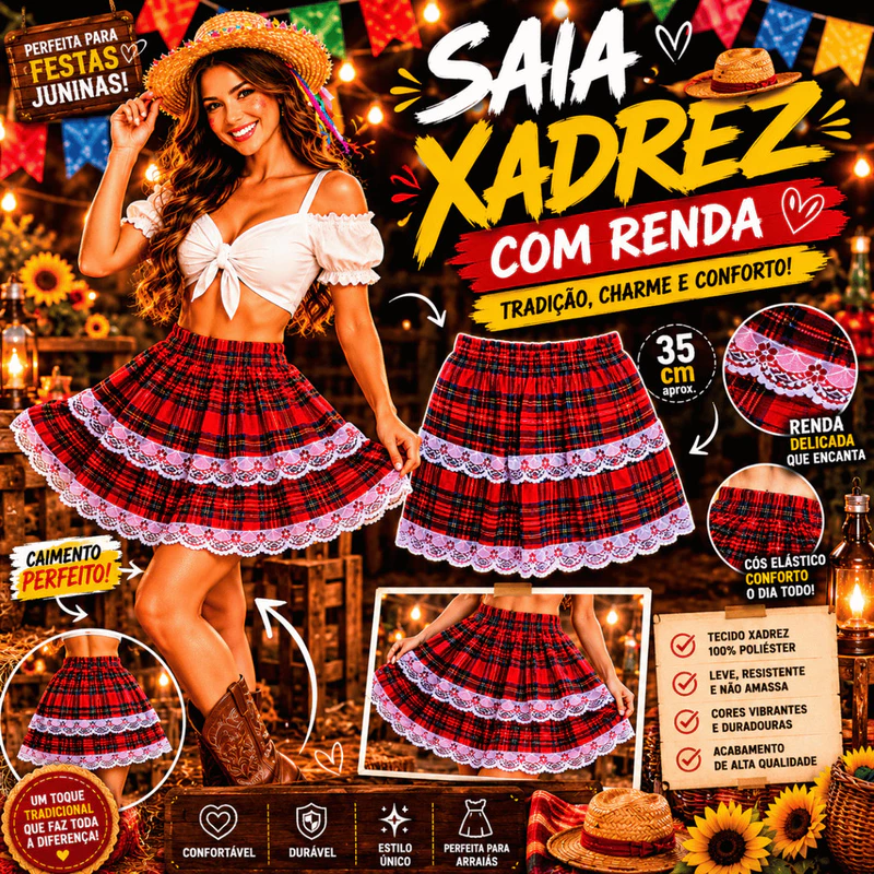 Saia Caipira Feminina: 70% OFF! 🎉