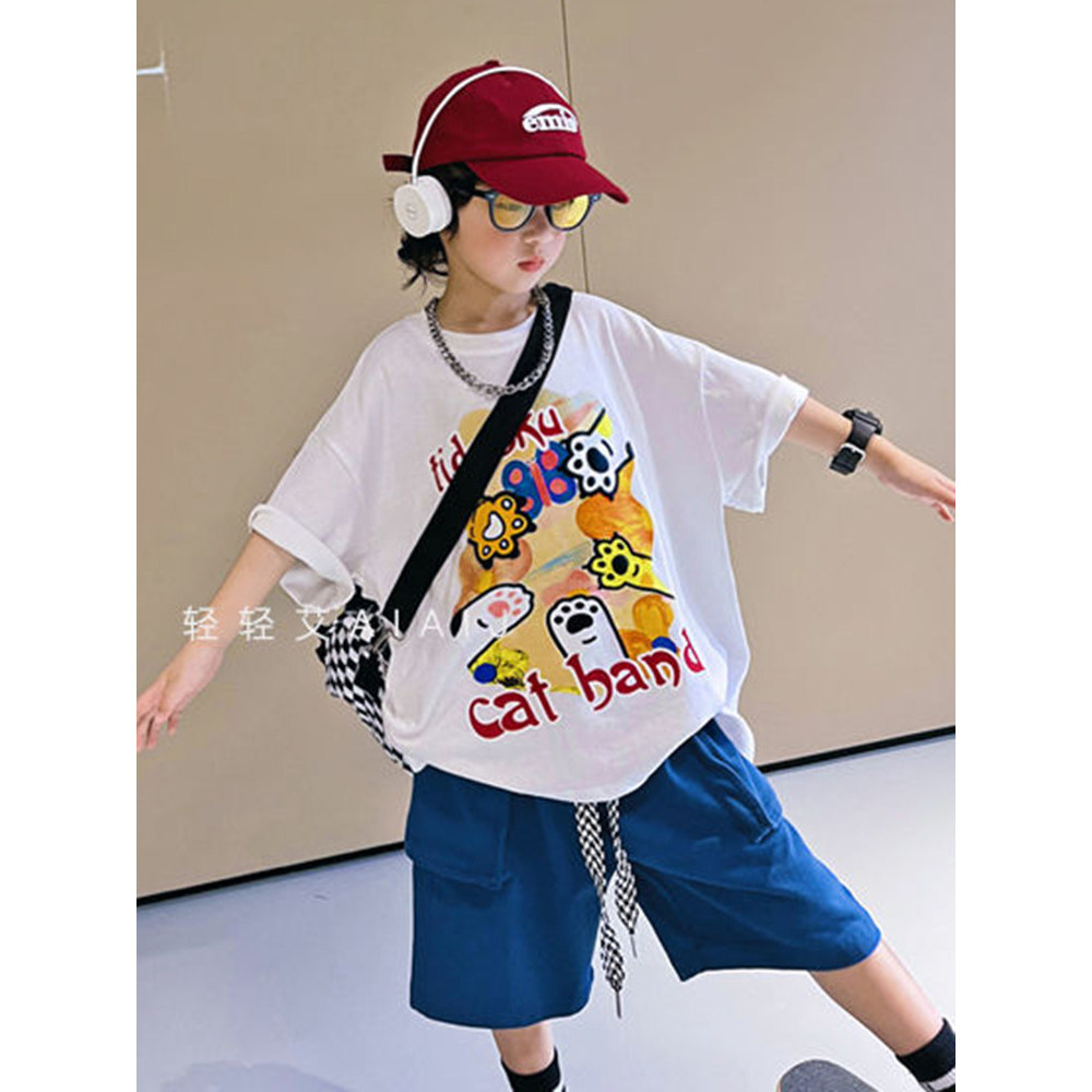 Meninos versão coreana camiseta de manga curta verão crianças puro algodão solto meia manga camiseta médio grande crianç