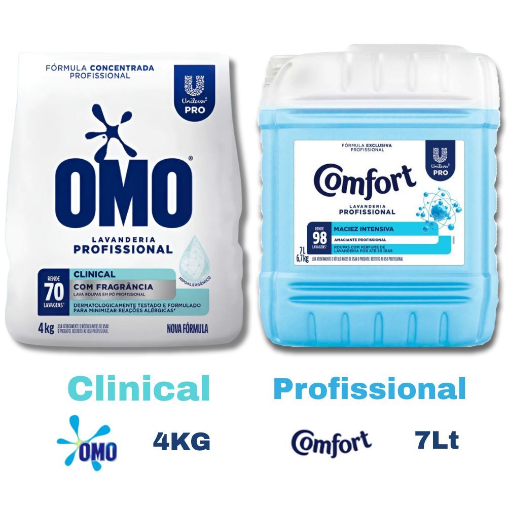 Kit Sabão OMO Clinical 4kg + Amaciante Comfort 7L | 1/2/3un | Limpeza Profunda