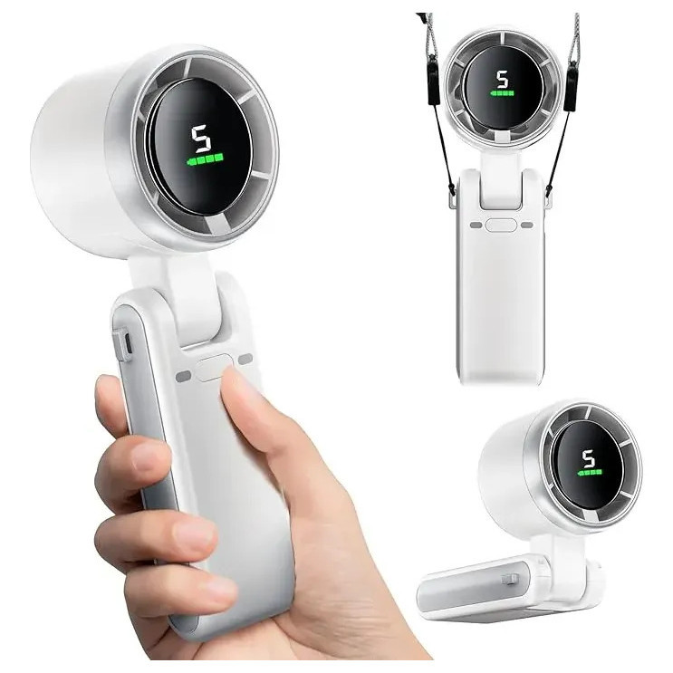 Ventilador Portátil Recarregável 5 Velocidades Display Digital USB Cinza/Branco
