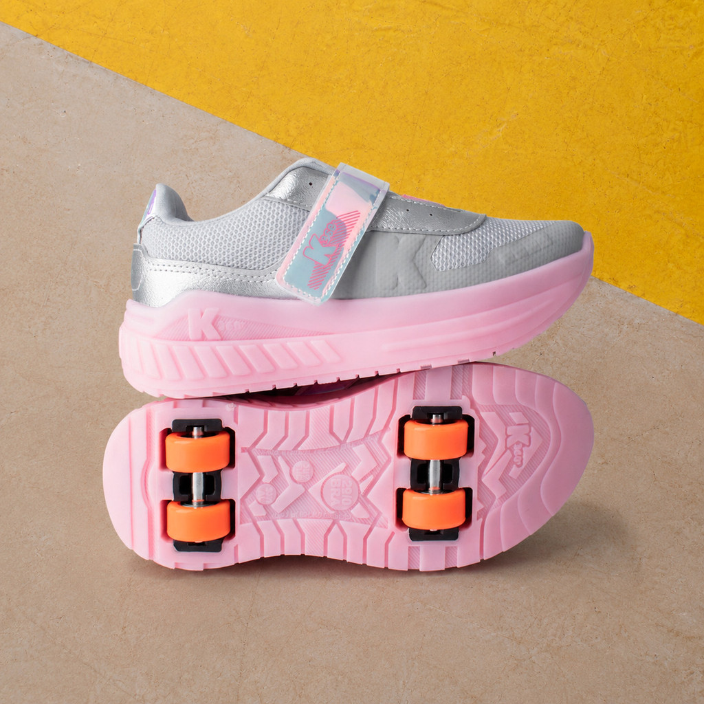Tênis Infantil Menina Kidy K360 Veloz Prata Rosa Rodinhas Removíveis Luz LED Pisca Confortável