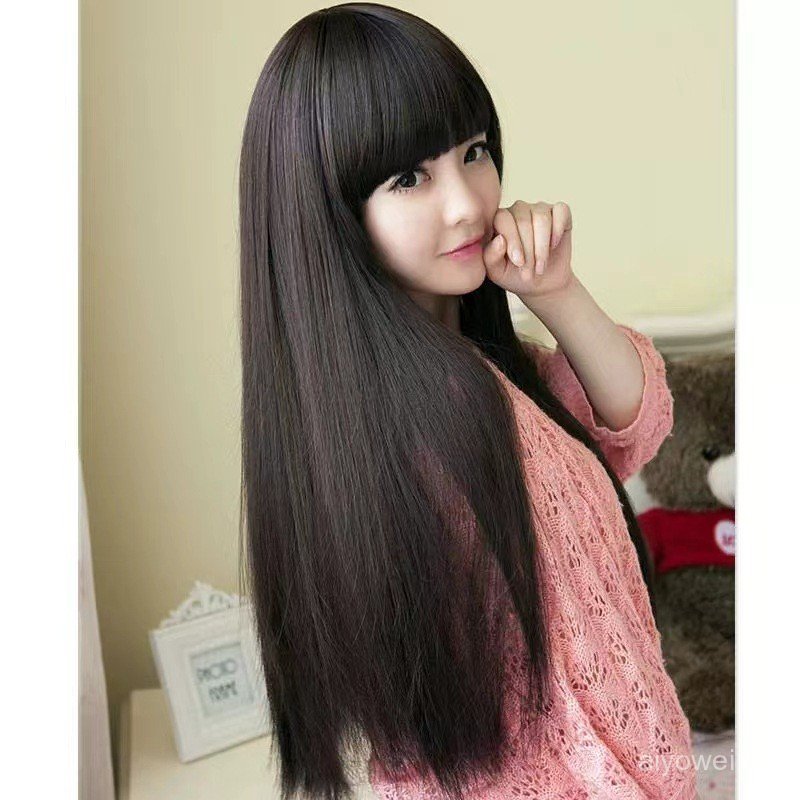 Peruca longa vermelha com franja, cabelo liso de aparência natural, novo estilo para mulheres, peruca longa GVM7