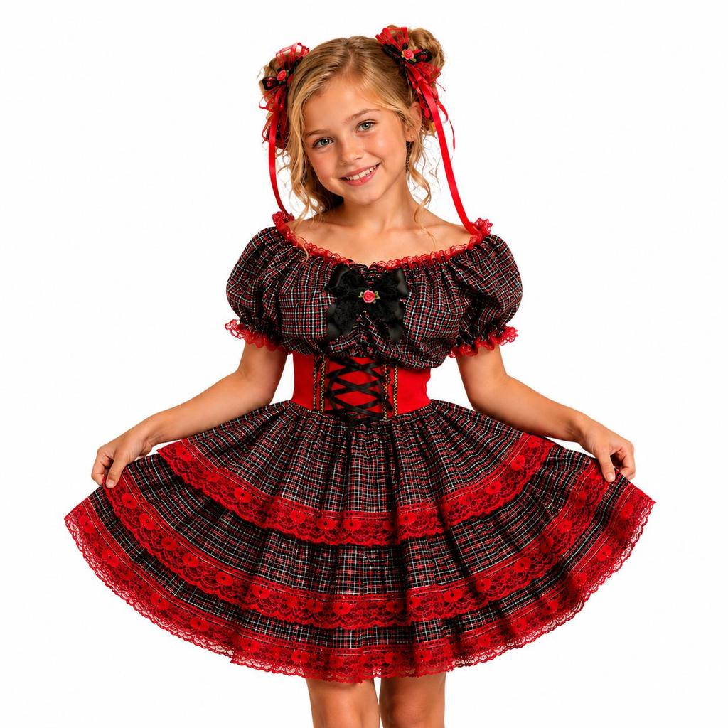 Vestido Infantil de Festa Junina Luxo Anarriê Super Rodado Acinturado pra Meninas de 3 a 12 Anos
