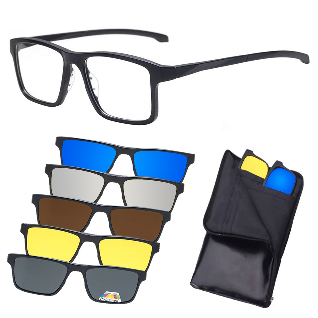 Oculos de Sol Masculino Polarizado Clip On 6 em 1 Armação De Grau Quadrado Troca Lentes Espelhadas Preto Marrom Mod 2258