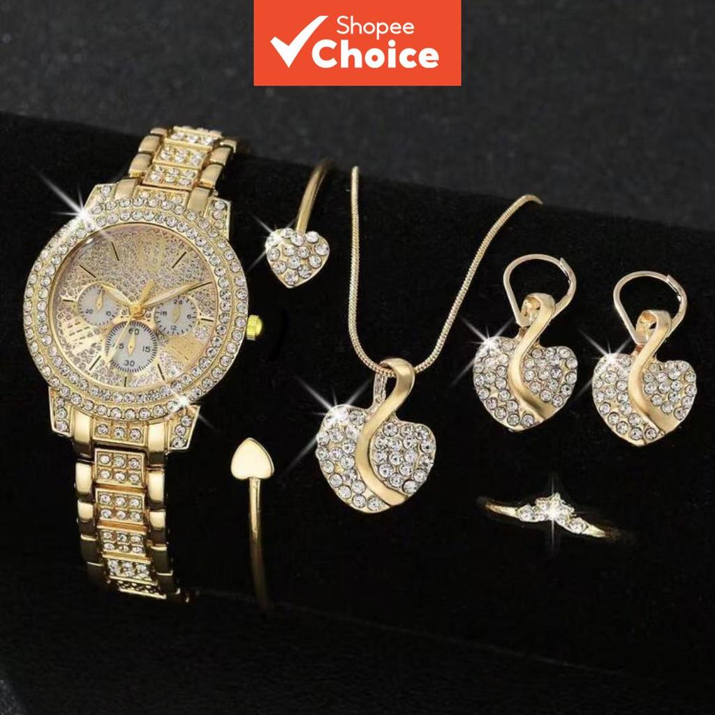 Conjunto De Relógios E Joias Femininos Elegantes , Acessórios Com Pingente De Coração De Cristal Para Presente De Festa 