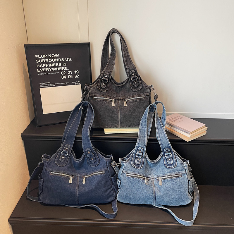 Bolsa de ombro jeans retrô de grande capacidade, bolsa mensageiro com vários bolsos, bolsa de lona para viagem