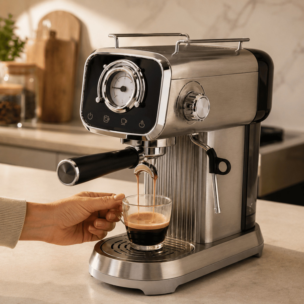 Máquina Cafeteira Café Expresso 20 Bar Aço Inox Vaporizador Cápsulas Moído Profissional