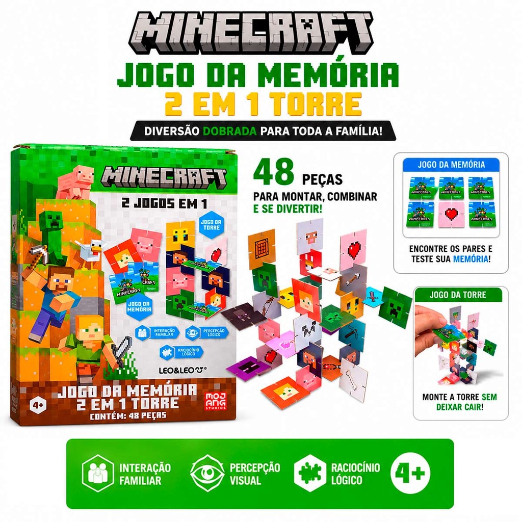 Jogo Da Memória 2 Em 1 Torre Minecraft 48 Peças Leo&Leo