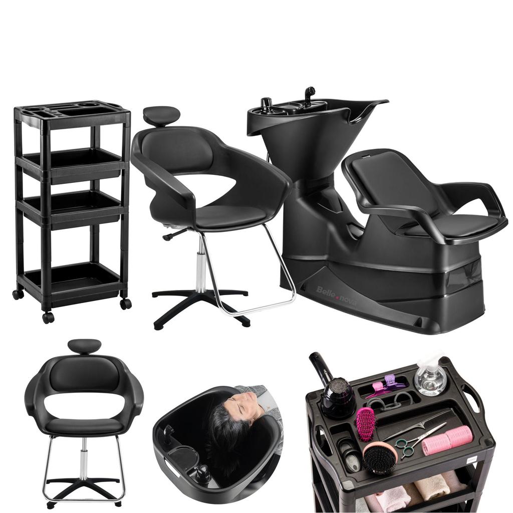 Kit Salão  de Beleza Completo Dompel Lavatório de Cabelo + Cadeira Primma Ajuste Altura com Carrinho Barbearia Estética