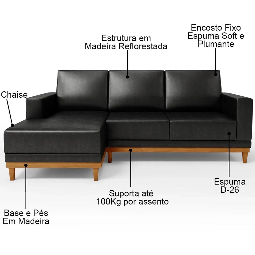 Sofá 3 Lugares 200cm Living Com Chaise Esquerdo Sala de Estar Kayrós D05 Sintético Preto - Mpozenato — imagem 2 de 2
