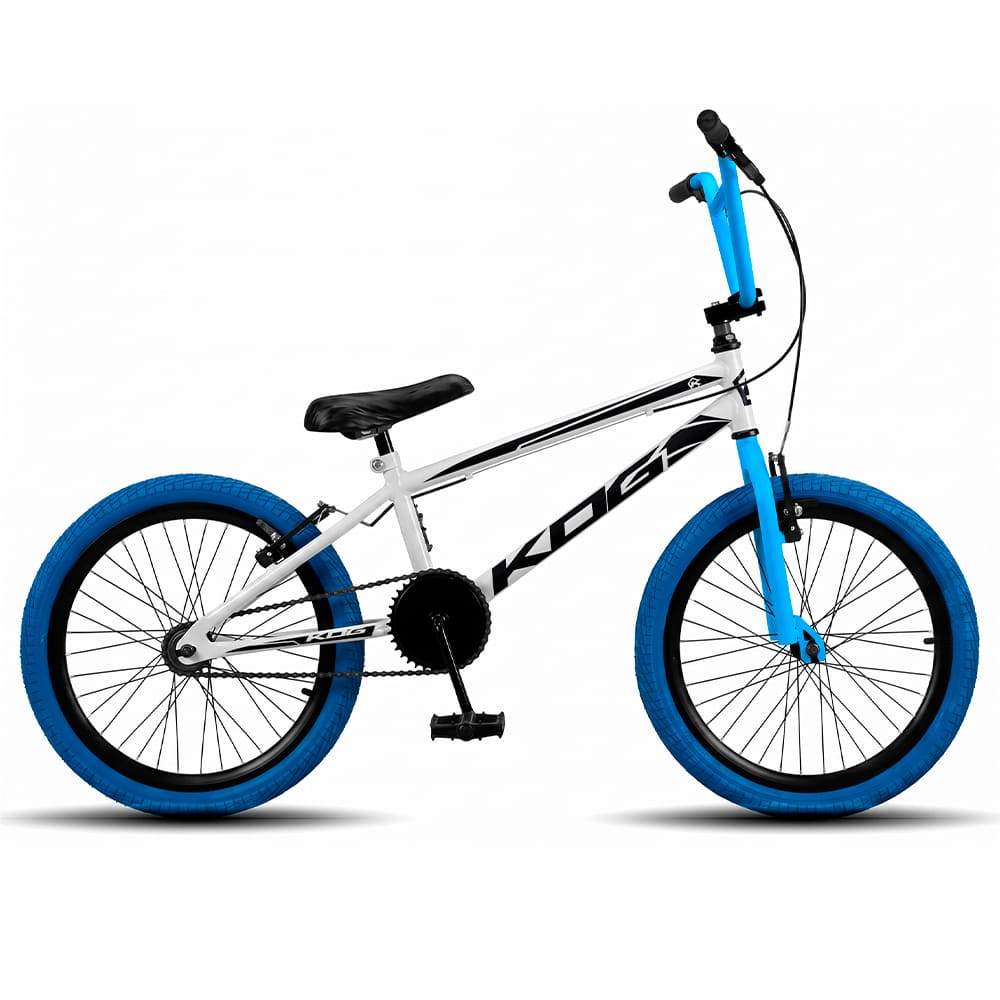 Bicicleta BMX Aro 20 Infantil KOG Freestyle Para Meninos - Branco com Preto Pneus Azul