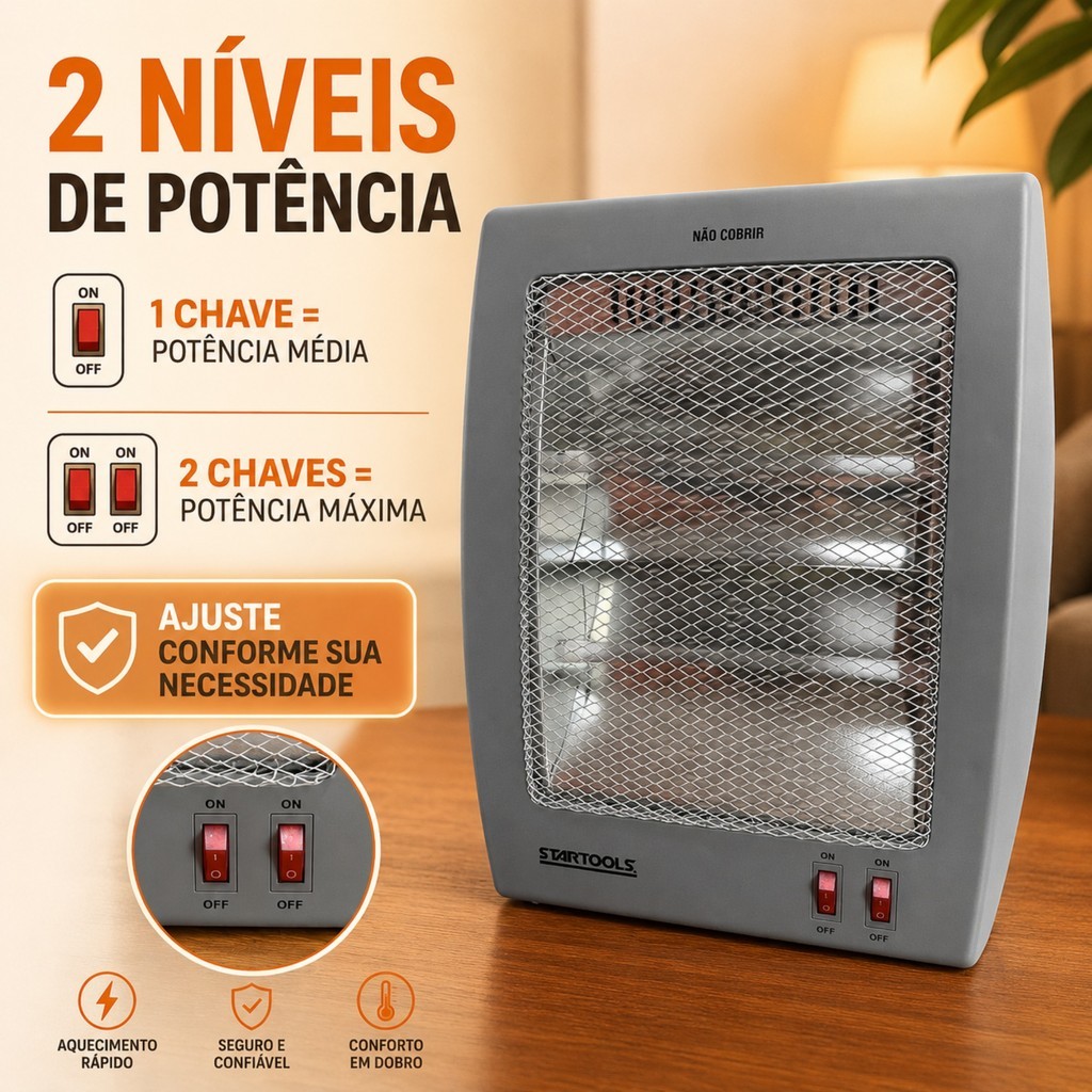 Aquecedor Elétrico Portátil Halógeno 800W Com 2 Chaves E Grade Segurança