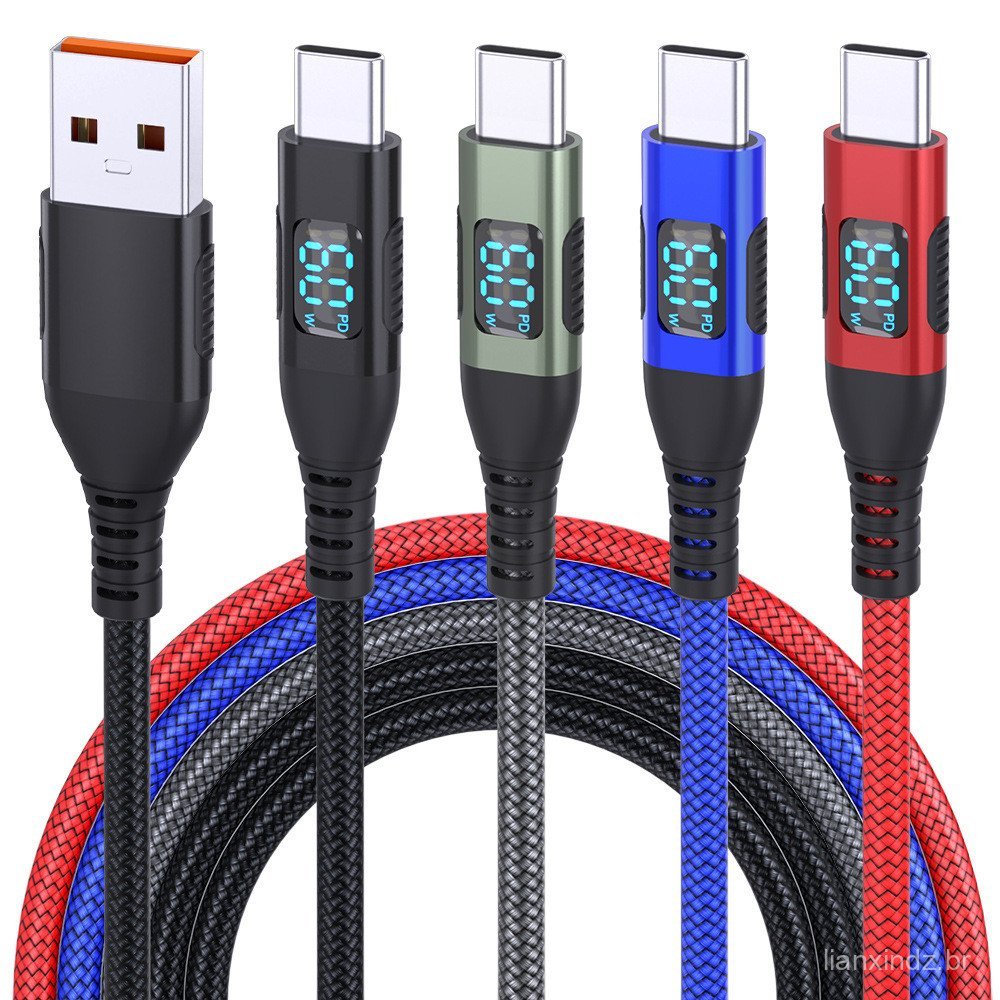 Cabo de dados USB tipo C de carregamento rápido, compatível com LG, Apple, HTC, Samsung Galaxy e Sony, com tela Digital.