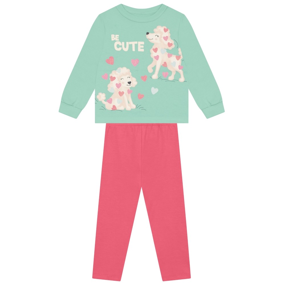 Conjunto Infantil Menina Brandili Inverno com Calça Legging e Moletom Flanelado Verde Cachorrinha