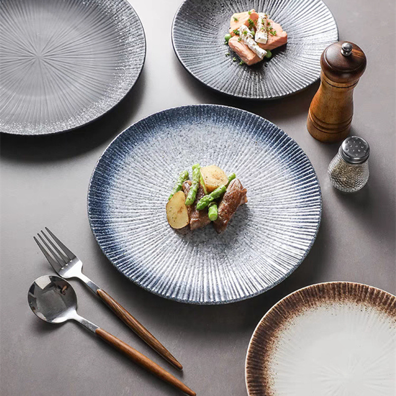 Prato listrado de cerâmica japonês, prato de bife de comida ocidental, prato criativo, bolinho, lanche, esmalte colorido