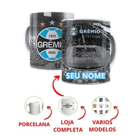 Caneca Grêmio Personalizada 325ml em Porcelana Estádio Arena + Seu Nome - Presente CriativoCaneca Grêmio Personalizada 3