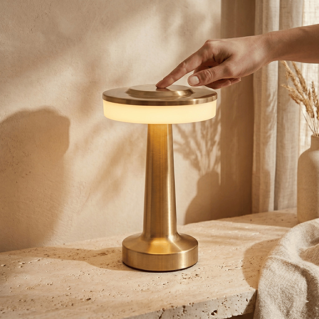 Luminaria Abajur Mesa Metal Sem Fio Recarregavel Touch Dourado Portatil Quarto Sala Decorativa 19cm