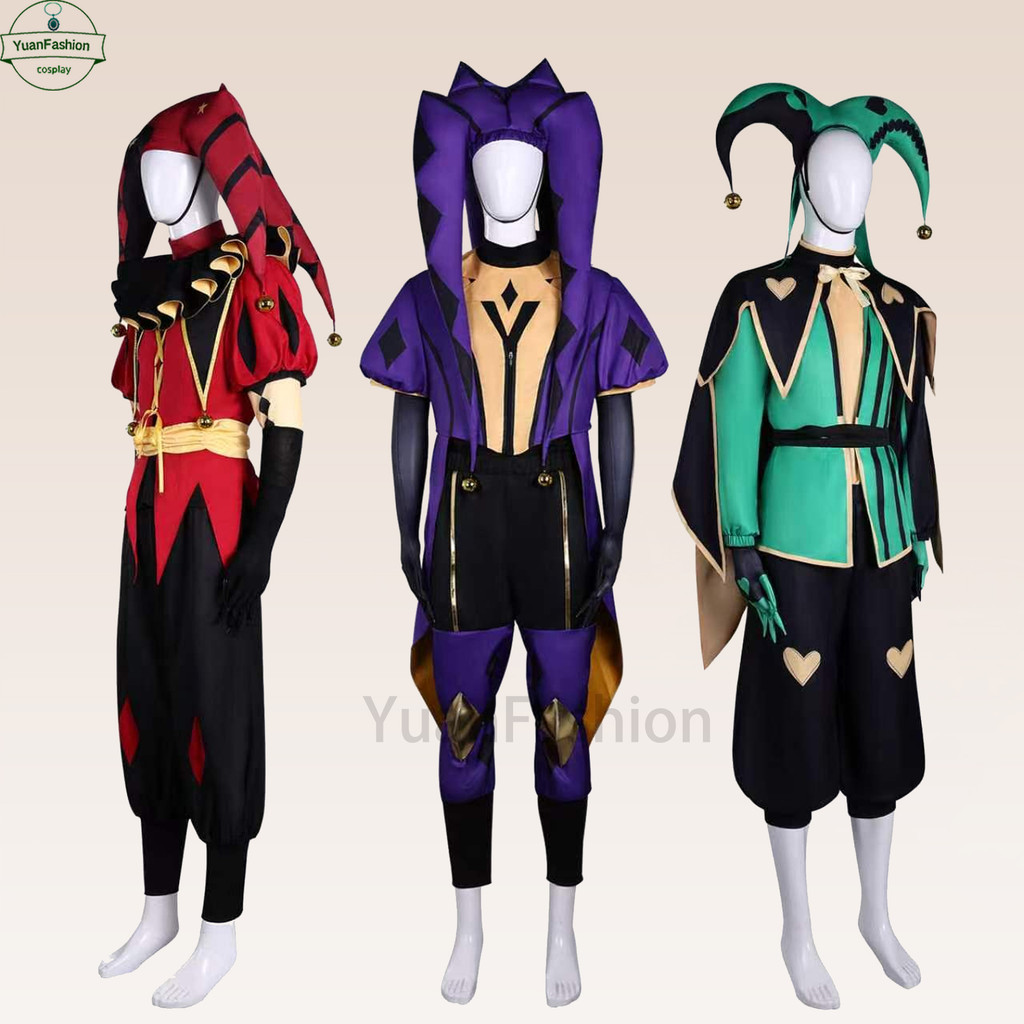Fantasia de palhaço de Halloween perfeita, réplica exata do traje verde arlequim, vermelho de palhaço e roxo de bobo da