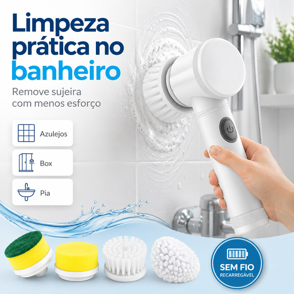Escova Elétrica de Limpeza 5 em 1 USB Limpador Multiuso para Cozinha, Banheiro e Casa