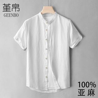 Camisa de linho masculina de manga curta branco verão fino gola alta solta Casual algodão linho camisa masculina linho c