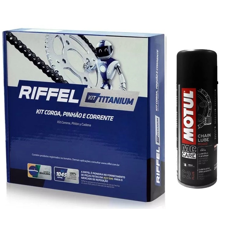 KIT TRANSMISSAO RELAÇÃO CG TITAN 160 2016 A 2021 COM ANEL SEM RETENTOR RIFFEL+ MOTUL C2 200ML