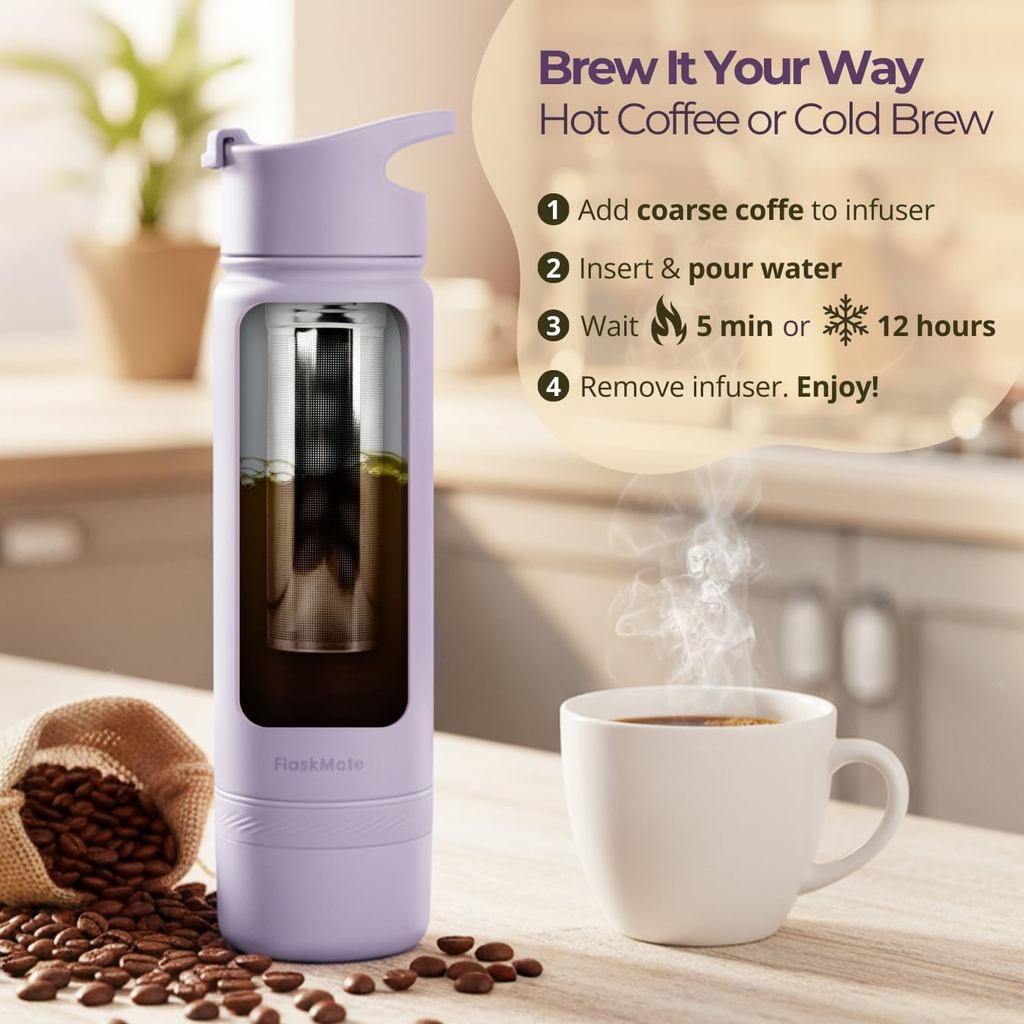Garrafa Infusora De Chá E De Viagem Cold Brew-Frasco Isolado De 18 Onças Com Armazenamento , Filtro Tampas Duplas-Para T