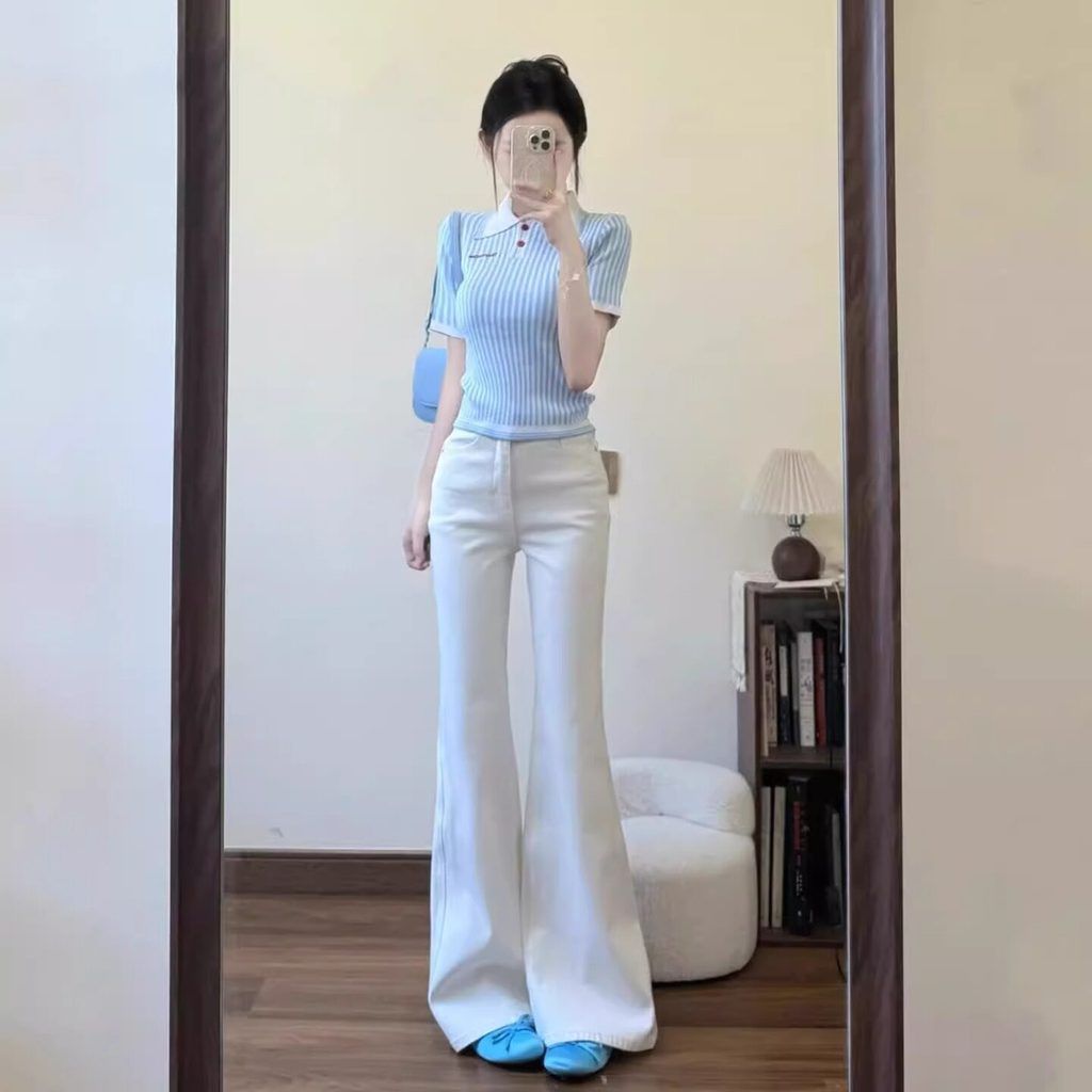 Desgaste francês gola Polo listrado cor azul genuíno ombro camisola de manga curta feminino verão exterior wear fino-aju