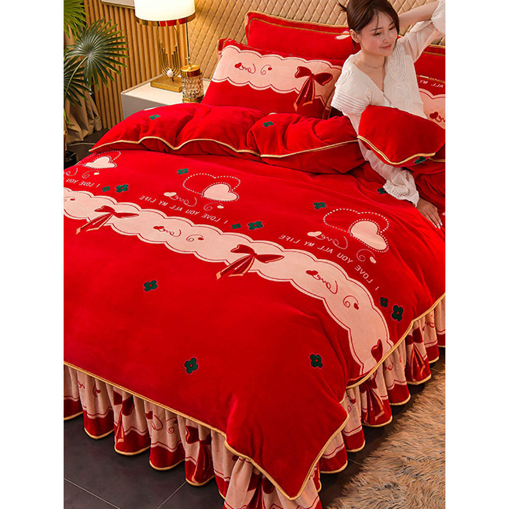 Conjunto de quatro peças de lã de leite grosso inverno dupla face Coral flanela cama saia grande vermelho casamento fest