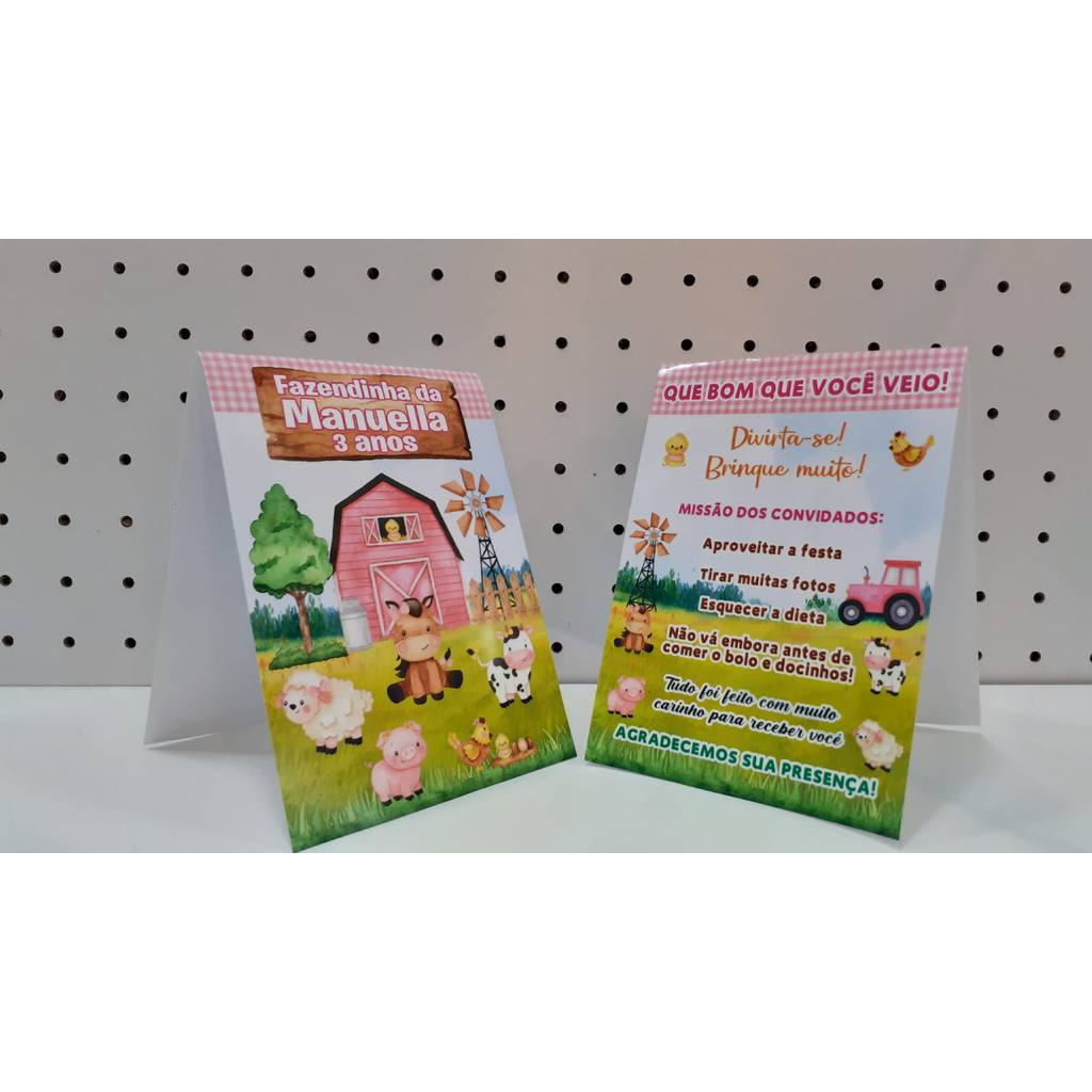 Kit Plaquinha de mesa Centro de Mesa Personalizado Lembrancinha Cartão Agradecimento de Mesa Fazendinha Rosa