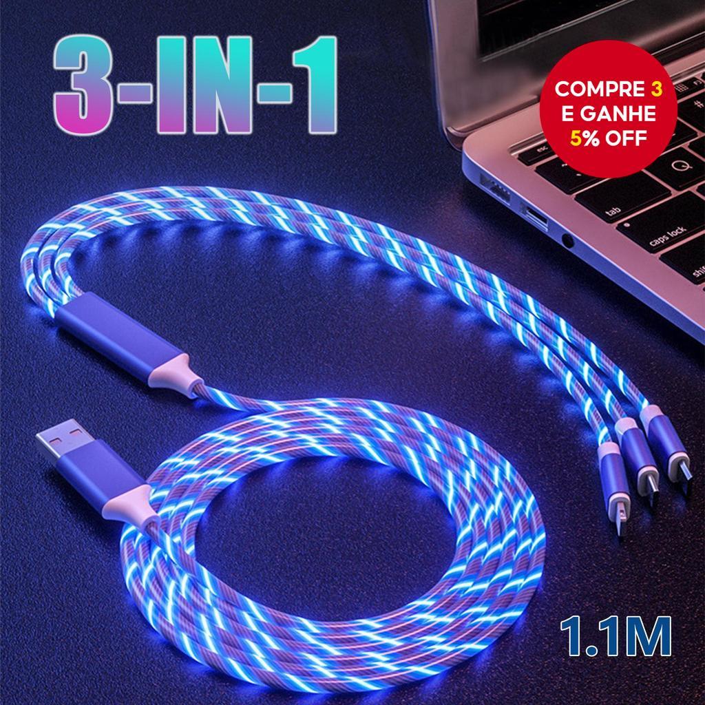 Cabo de carregamento rápido colorido em LED RGB de 3 em 1, tipo C e micro USB