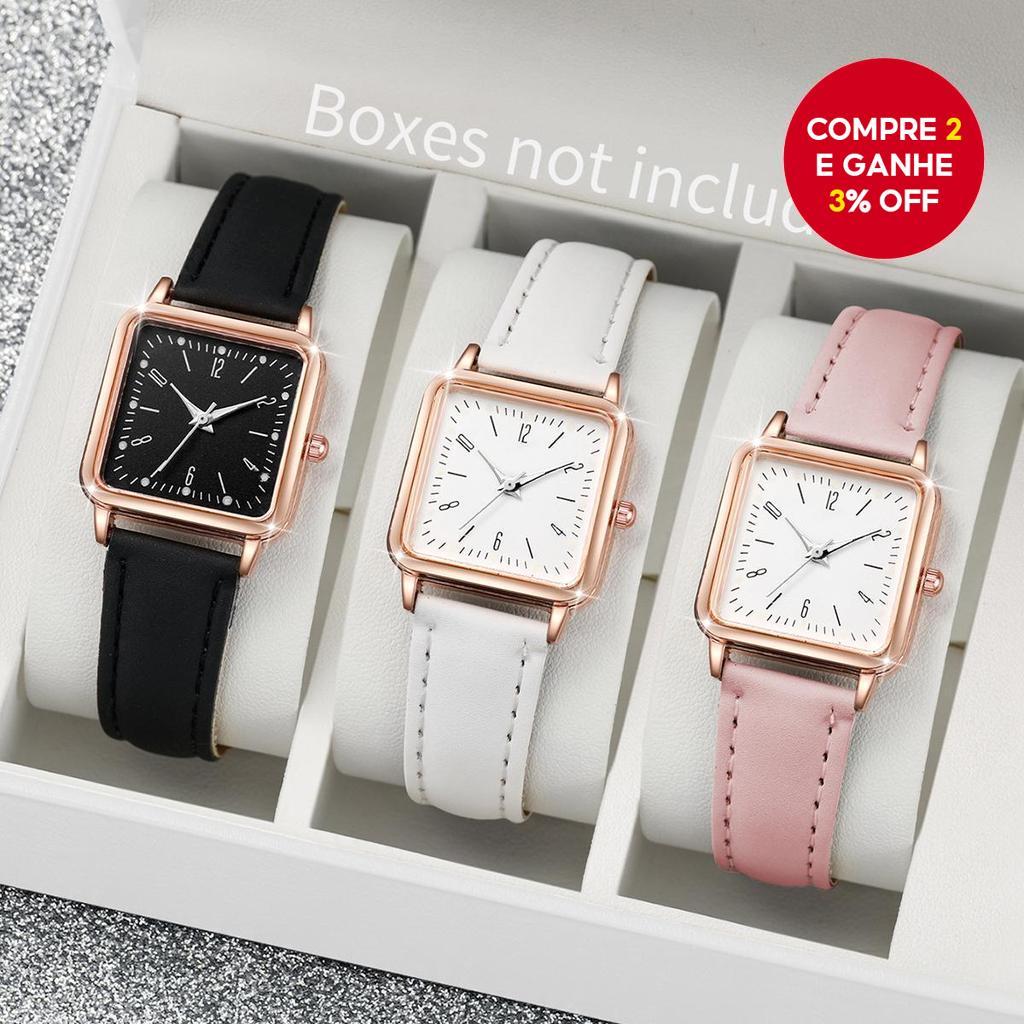 Conjunto De Relógio De Quartzo Quadrado Elegante Feminino 3 Unidades Pulseira De Couro Casual Sem Caixa