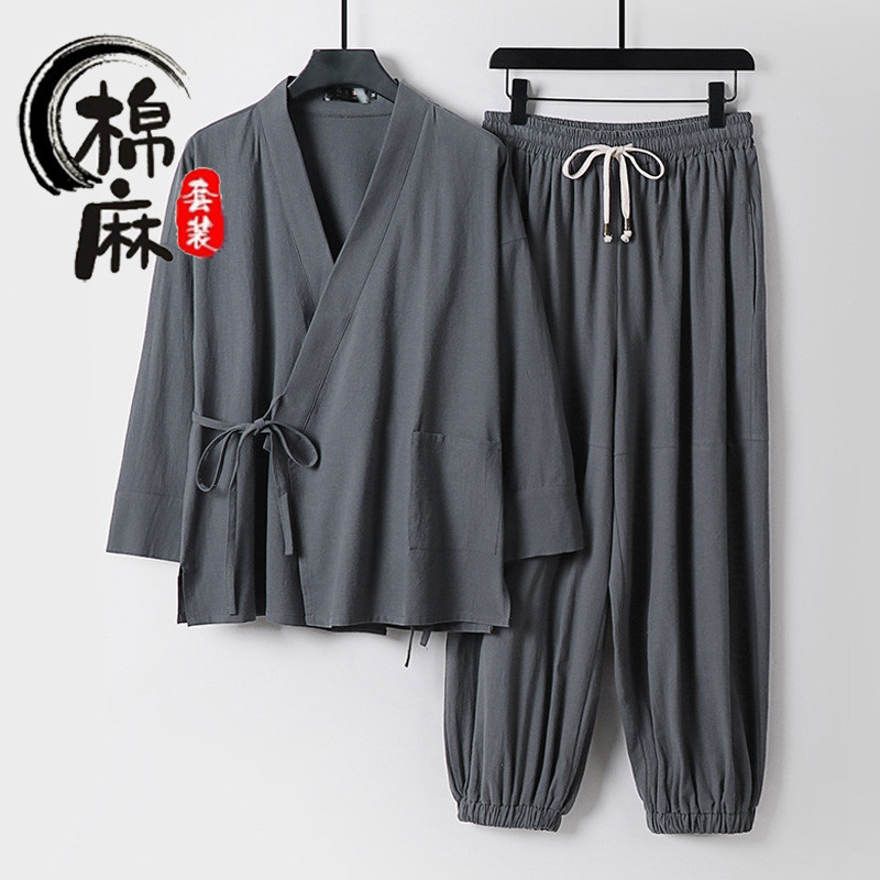 Linho de algodão Hanfu manga três quartos terno de linho masculino verão taoísta Robe Zen roupas soltas tornozelo compri
