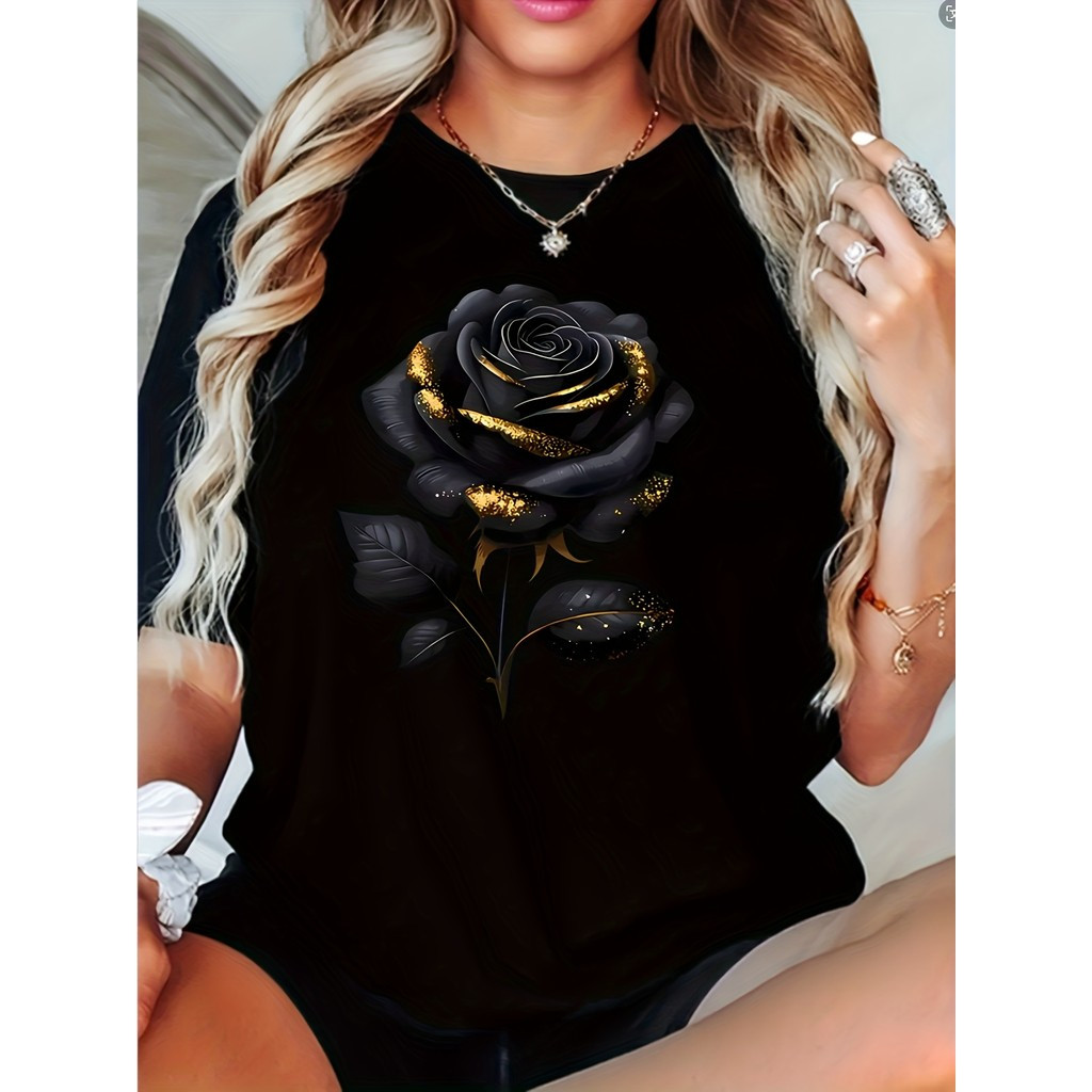 [Camiseta Premium em Algodão Puro]SISI Camiseta Feminina Plus Size Rose Print Elegante Estampada Confortável Estilosa