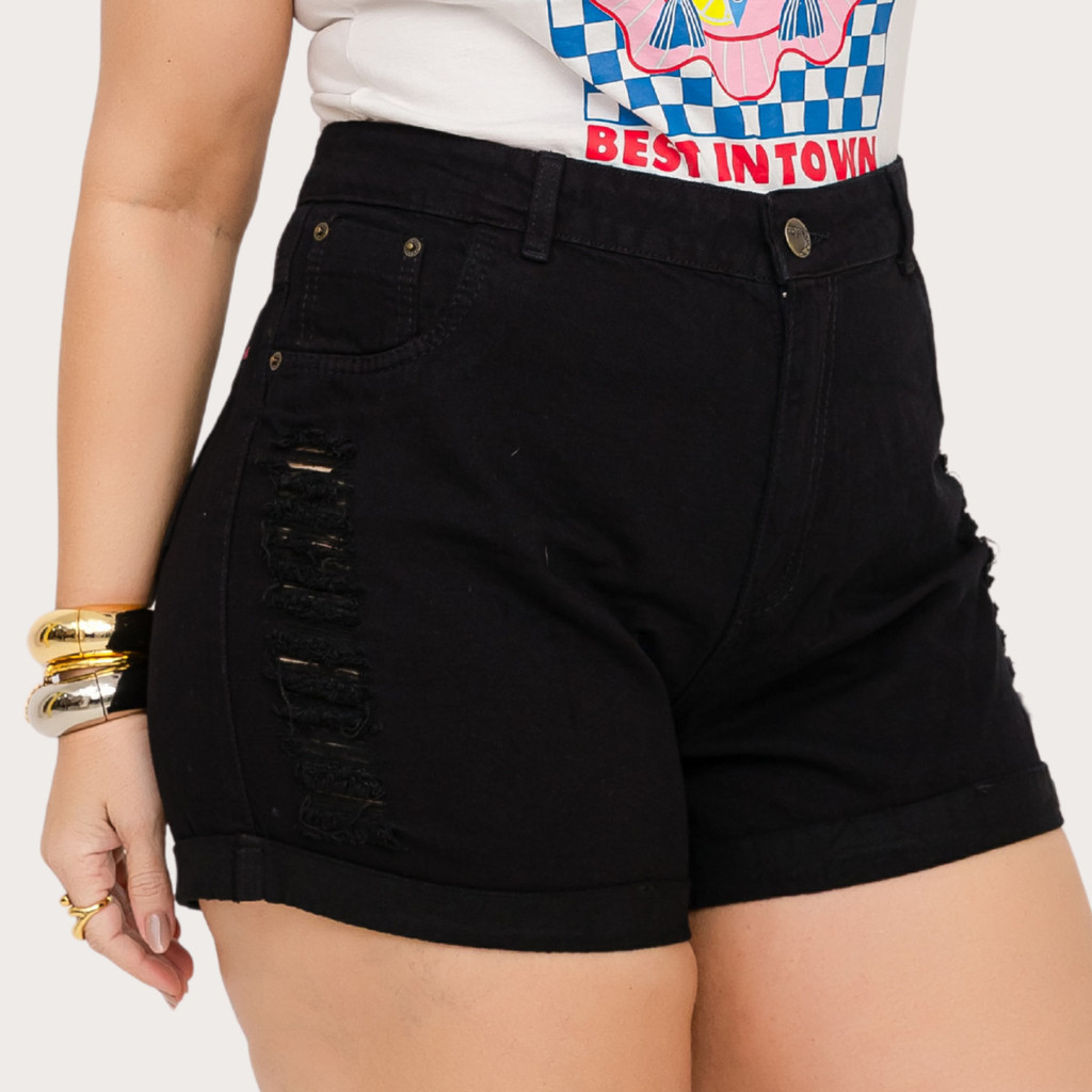 Short Jeans Feminino Plus Size Preto Destroyed Crystal Blue Jeans