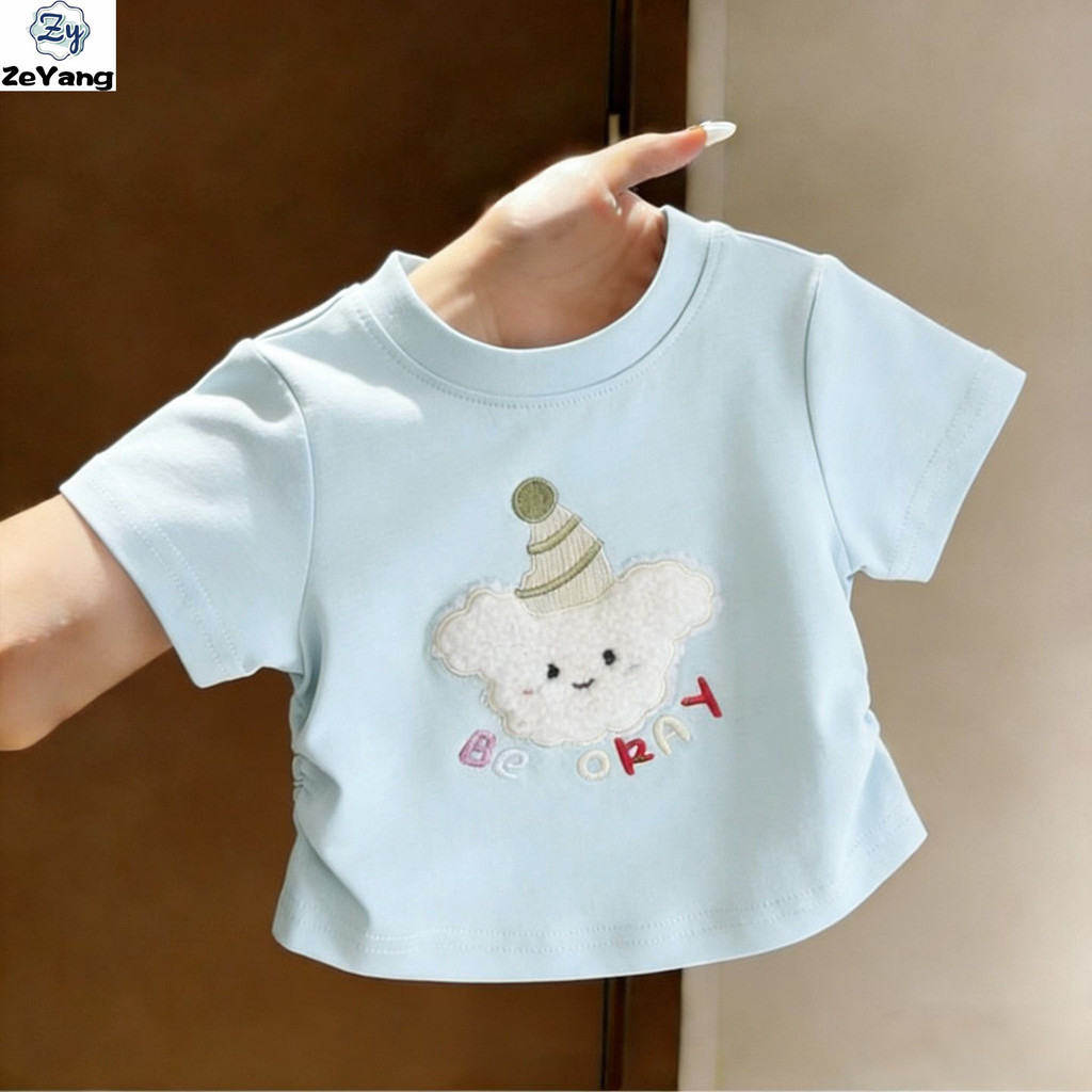 [ZY] 70-140 Camiseta infantil de algodão puro de manga curta bordada Casual camiseta bebê desenho animado camisa de fund