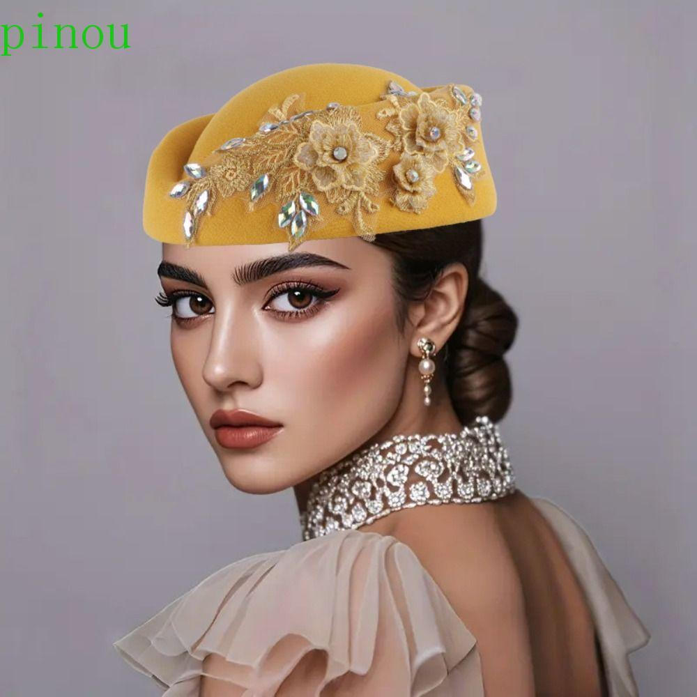 Chapéu PINOU Pillbox , Topper De Renda De Strass , Flor Cor Sólida Vintage Aeromoça Bonés Senhora