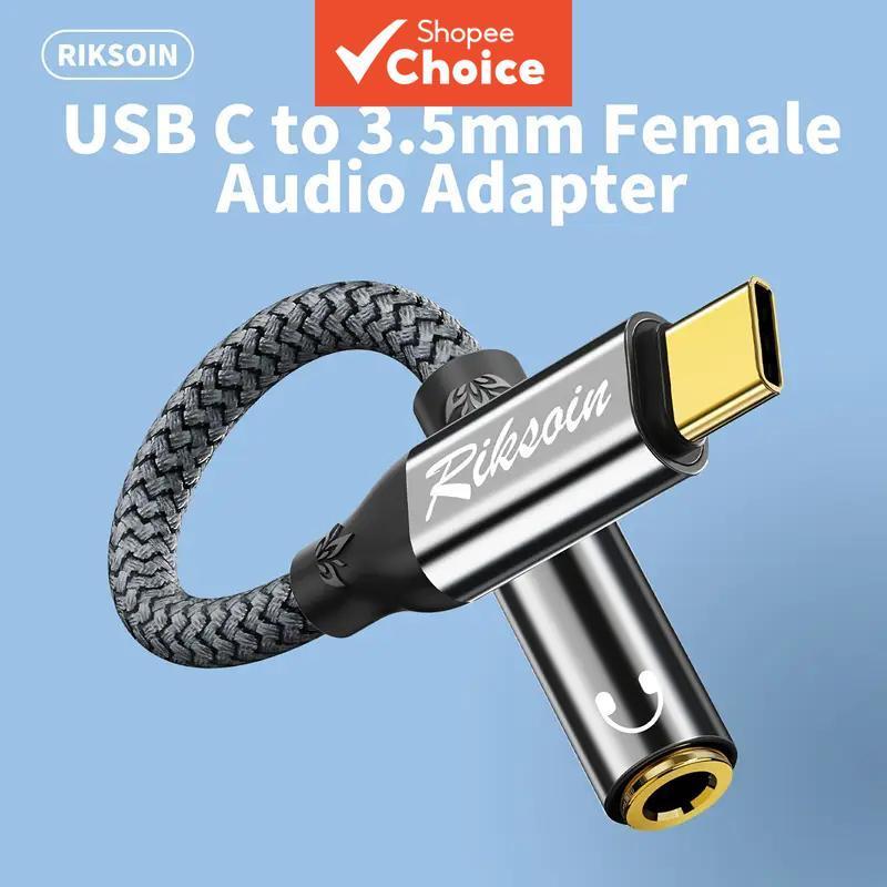 Adaptador Riksoin USB-C para conector de fone de ouvido de 3,5 mm para telefone, tablet e laptop, conversor de áudio DAC