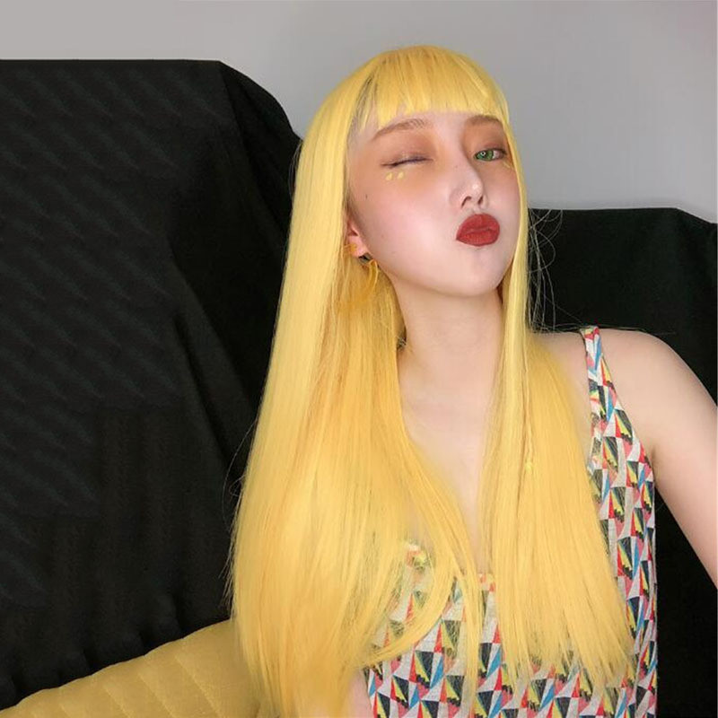 Limão amarelo peruca feminina longo cabelo reto completo chapelaria peruca feminina arnês completo moda feminina renda c