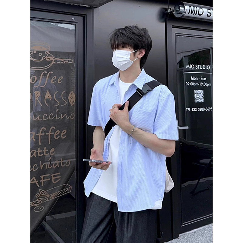 Camisa listrada azul japonesa masculina de manga curta verão adolescente sensação estudantes universitários usam camisa 