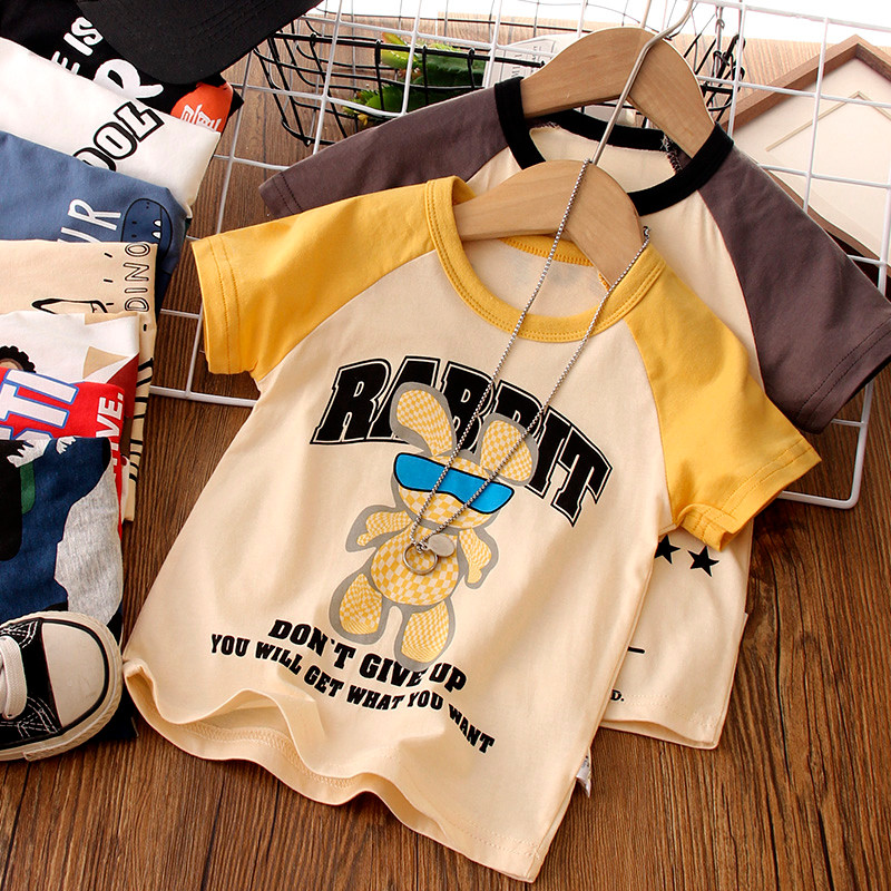 Crianças verão de manga curta camiseta puro algodão estilo fino 2026 verão novo estilo menino dinossauro topo roupas de 