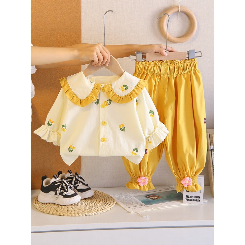 Feminino bebê primavera estilo ocidental boneca colarinho camisa terno do bebê crianças moda bonito roupas menina estilo
