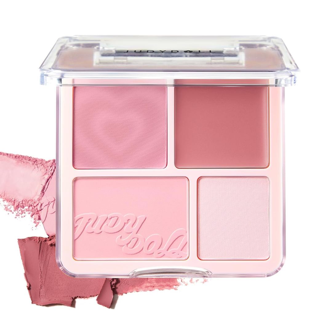 Paleta de Blush e Iluminador JUDYDOLL, Paleta Facial 4 em 1 com Blush, Contorno, Iluminador e Bálsamo Hidratante, Fórmul