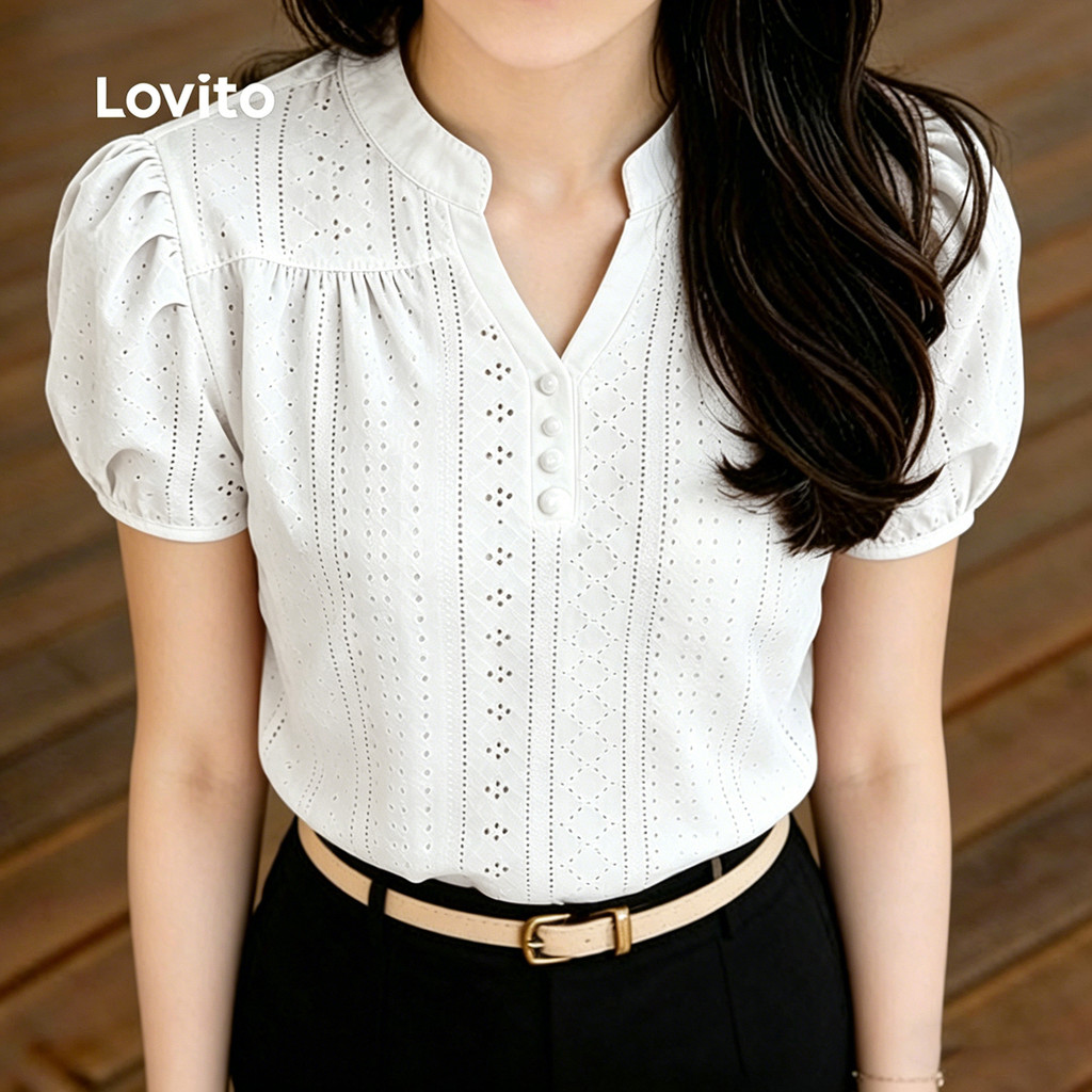 Lovito Blusa Casual com Botão Jacquard Plissada Blusa Branca de Primavera/verão para Mulheres L196ED605 · foto 2