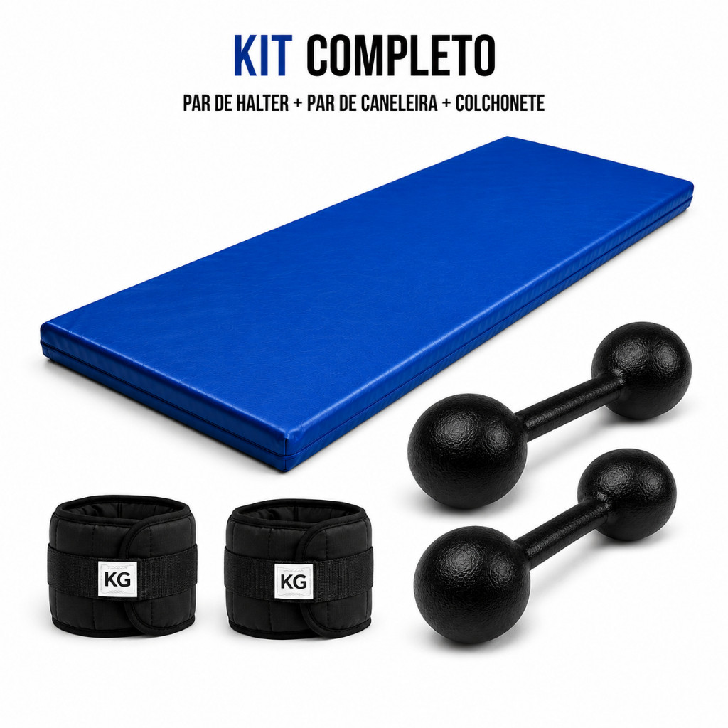 KIT FITNESS COMPLETO COLCHONETE AZUL + PAR 2KG HALTER  BOLA + PAR 2KG CANELEIRA PRETO | TREINO EM CASA OU ACADEMIA TL
