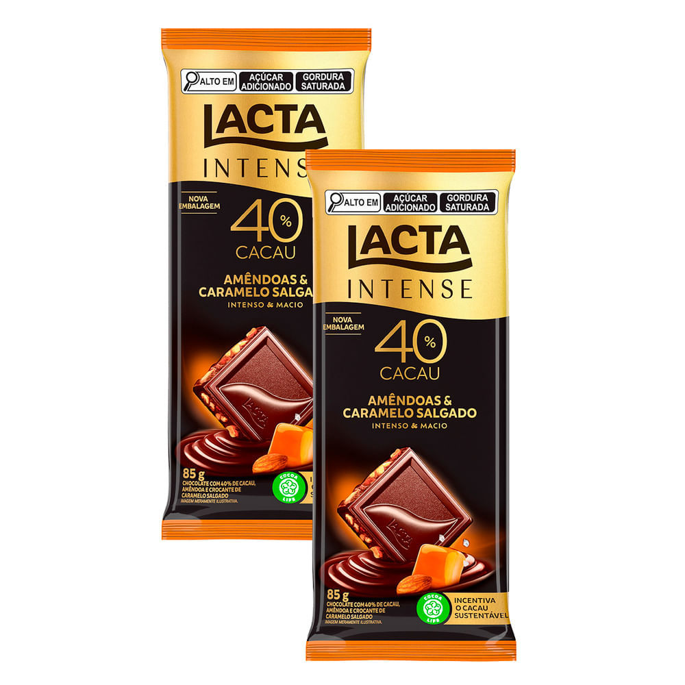 Kit 2 Chocolate Lacta Intense Meio Amargo 40% Cacau Amêndoas e Caramelo Salgado 85g