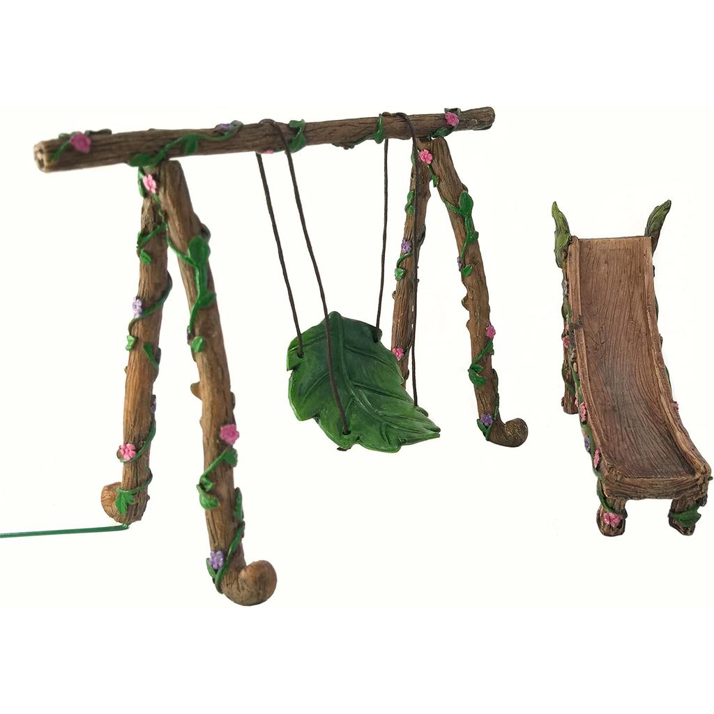 Conjunto de Balanço e Escorregador em Miniatura para Fadas e Gnomos - Acessório para Jardim de Fadas
