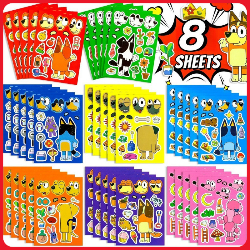 8 Folhas de Adesivos Engraçados de Anime Bluey para Crianças, Faça uma Carinha, para Capacete de Bicicleta, Lápis, Decal