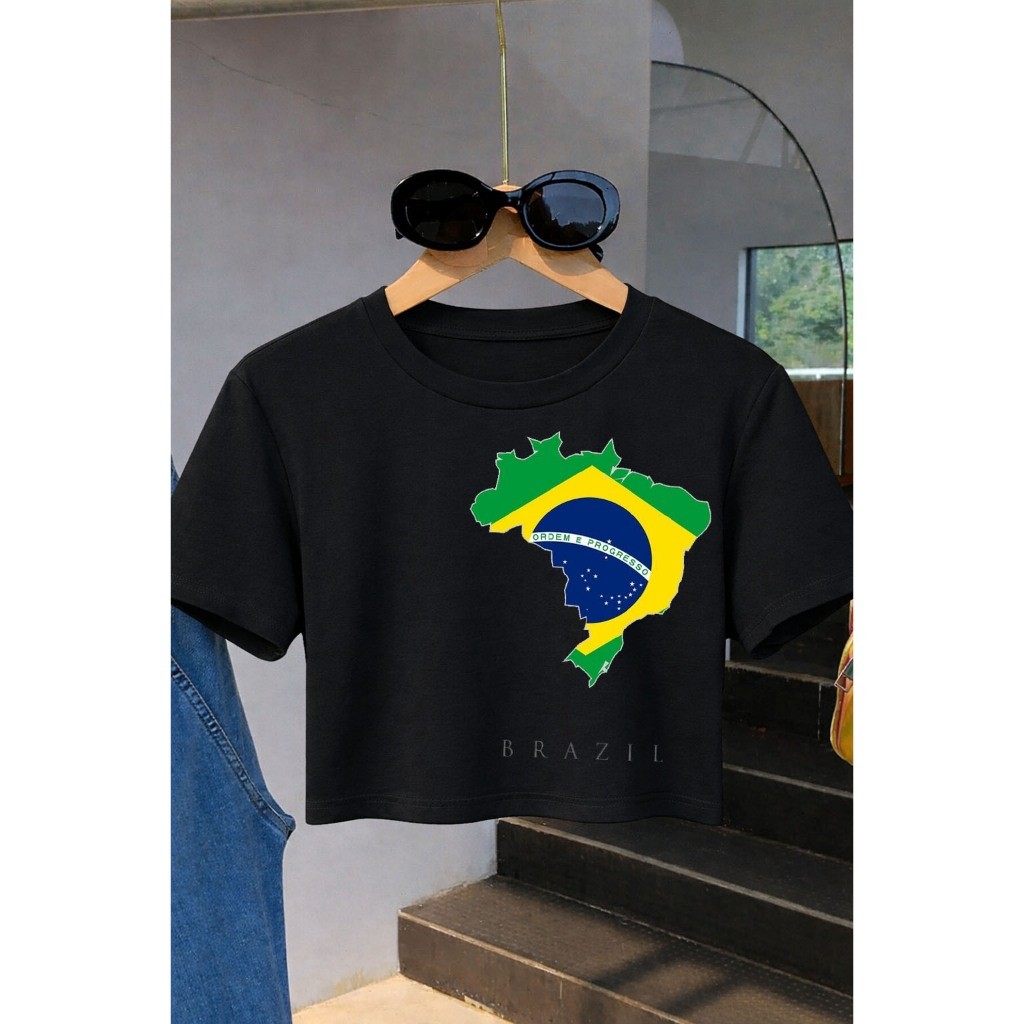 Detalhes do Blusa Cropped de Algodão Premium Estampado BANDEIRA BRASIL COPA + ENVIO RÁPIDO