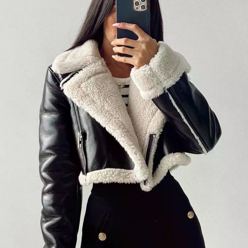 Jaquetas Curtas Femininas de Couro Sintético de Cordeiro para Outono Inverno, Casacos de Motociclista com Zíper, Acolcho